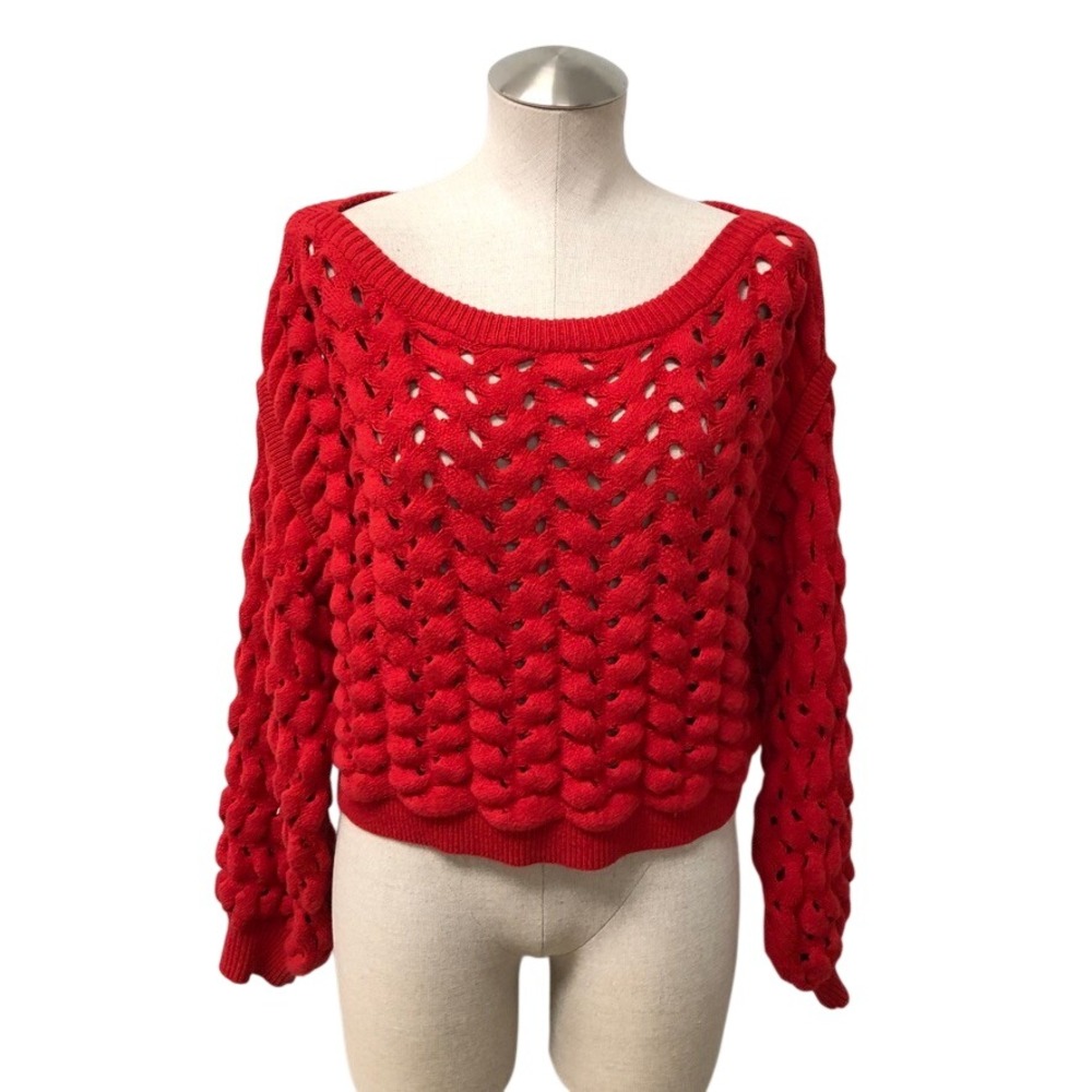 Alice + Olivia Sweater Womens Medium Red Chunky Open Knit Wool Blend Balletcore